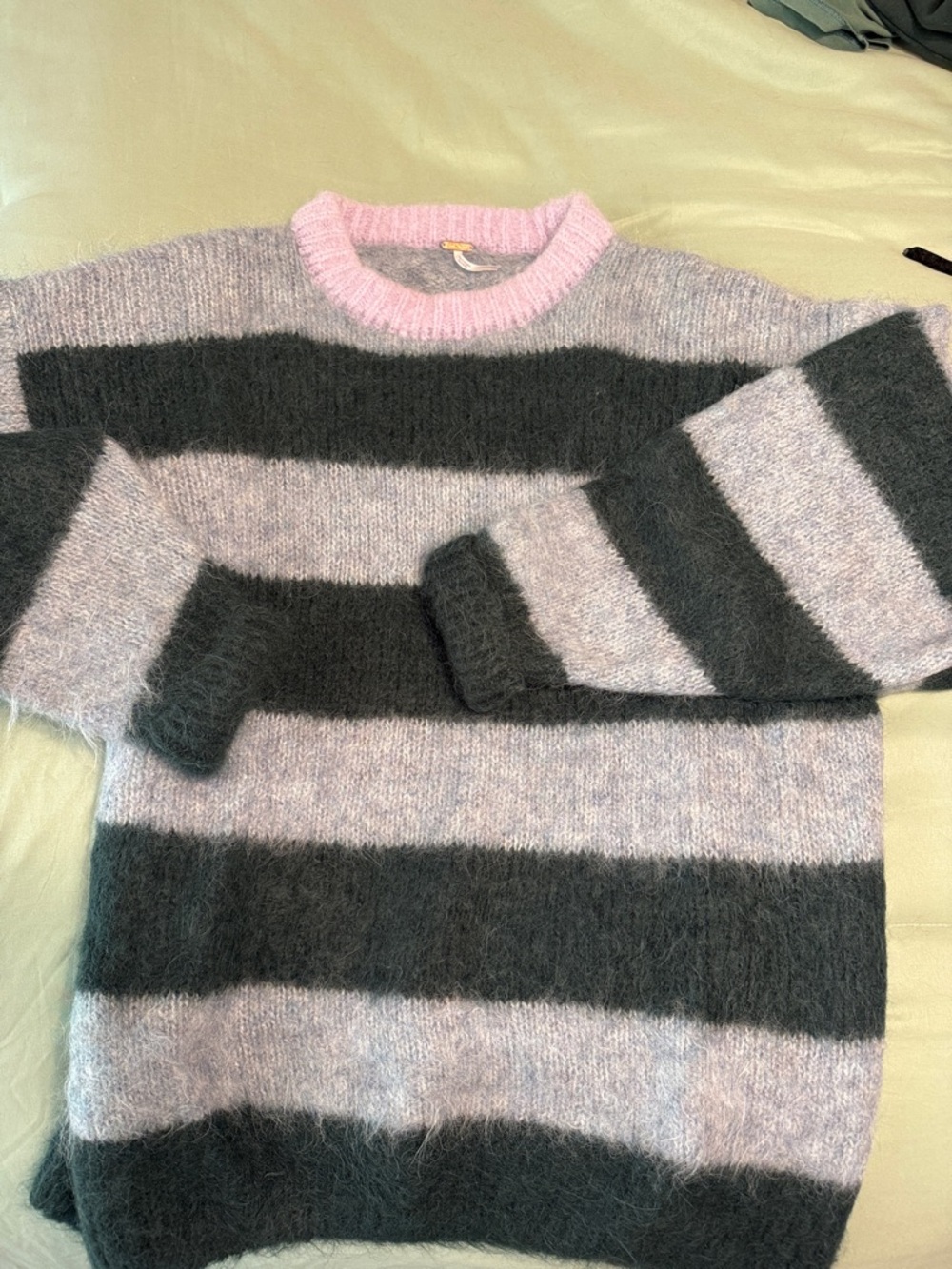 Free People Striped Fuzzy Crewneck Sweater in Pink & Dark Gray